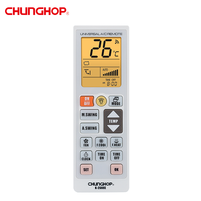 Chunghop новый продукт новый коды K-2988E Универсальный адаптер переменного тока в постоянный ток коды пульт дистанционного управления для системы кондиционирования воздуха с фонариком и ЖК-дисплей с подсветкой