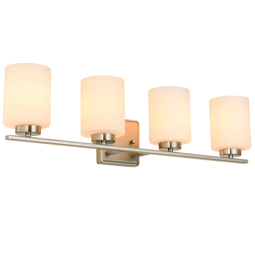 UL Listed 4 Bulb Traditional Bathroom Vanity Light Fixture Brushed Nickel White Glass Shade