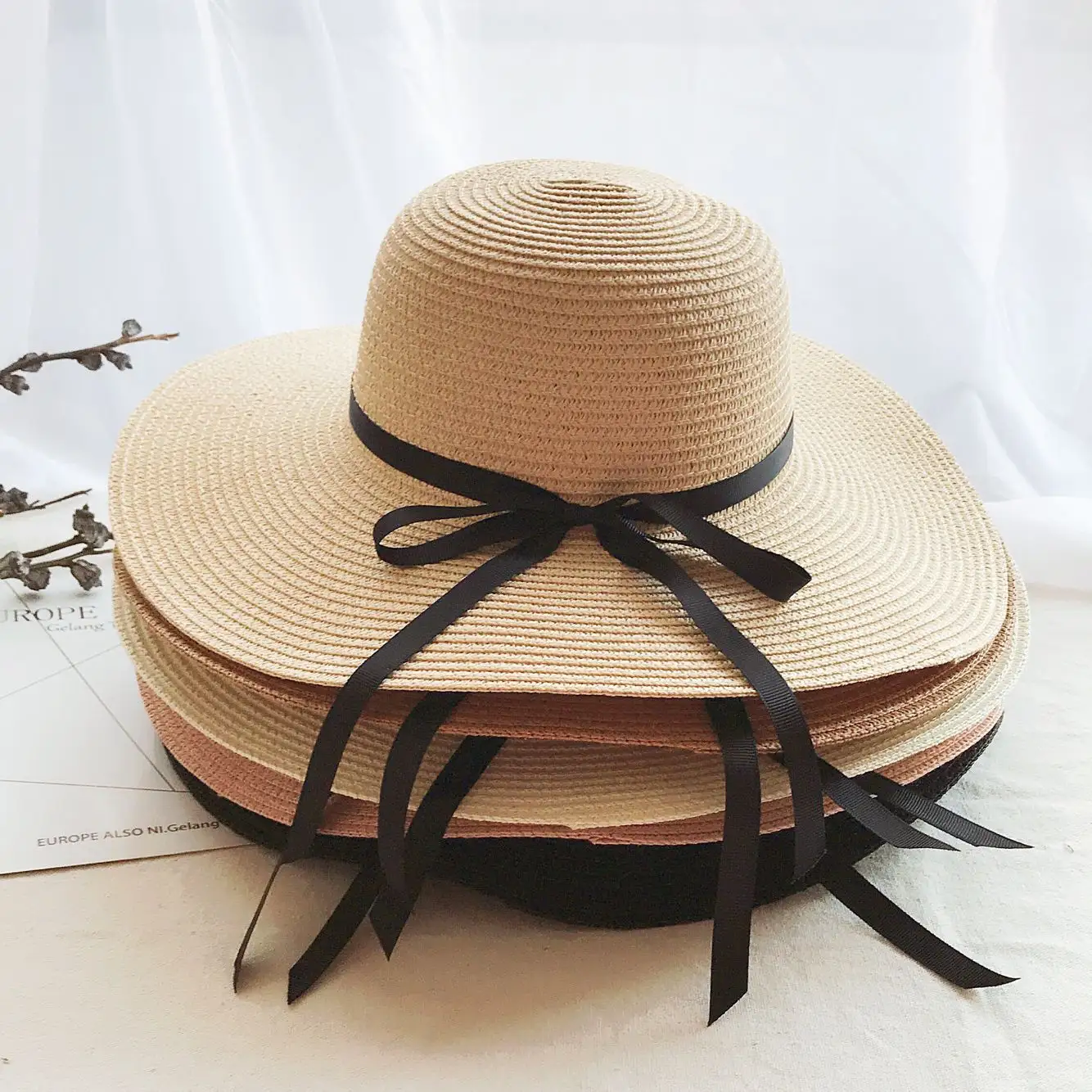 2022 Spring Summer New Cheap Ribbon Flower Bowknot Travel Girl Large Brim Uv Protect Lady Women Beach Straw Panama Hats