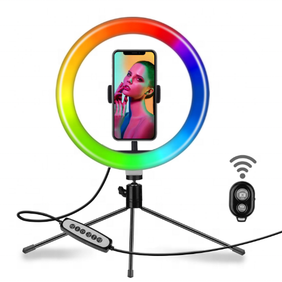 RGB кольцевая Светодиодная лампа для селфи с регулируемой яркостью, цветная кольцевая лампа с дистанционным управлением