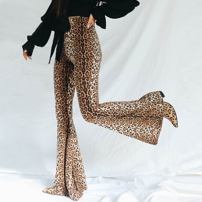 Popular fashion fit top bell-bottoms pants ruffles outfit waist casual girls leg leopard cheetah flare bell-bottomed pants