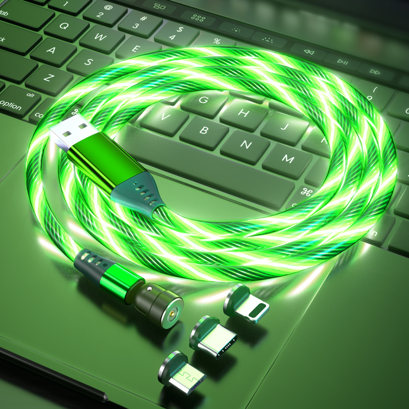 540 Rotation Magnetic Cable LED 3 in 1 Flowing Light Charging Cable Mobile Phone Micro USB Type C Cable