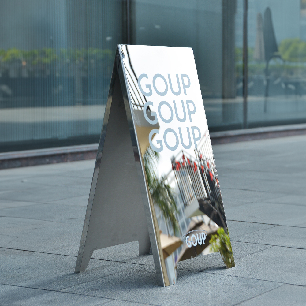 Custom Outdoor Advertising Portable A-Frame Advertising Board Durable Folding Silver Stainless Steel Stand for Sidewalk Pavement