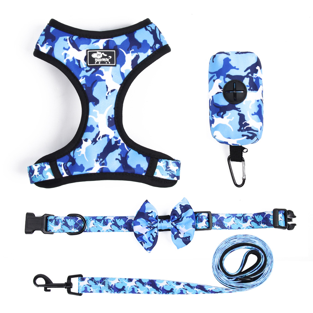 Luxury Four-piece Suit Camouflage Collar Dog Harness Leash Set With Poop Bag Dispenser