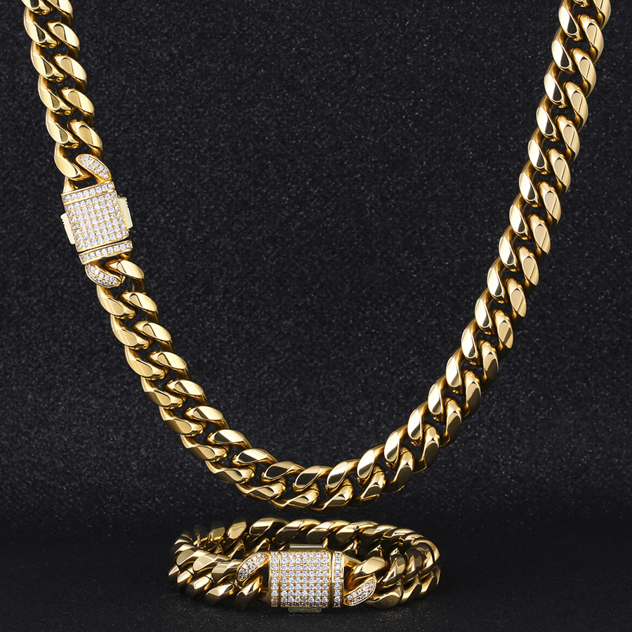 KRKC Оптовая 12 мм кубинская цепь из нержавеющей стали Llink хип-хоп 14k 18k Золотая Майами кубинская цепь для мужчин