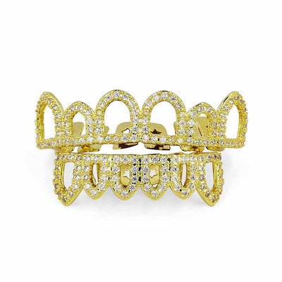 New Bling Gold Color Plated 6 Opened Teeth Grills Costume Hollow Dracula Fangs Set Micro Pave CZ Stones Top Bottom Teeth Grill