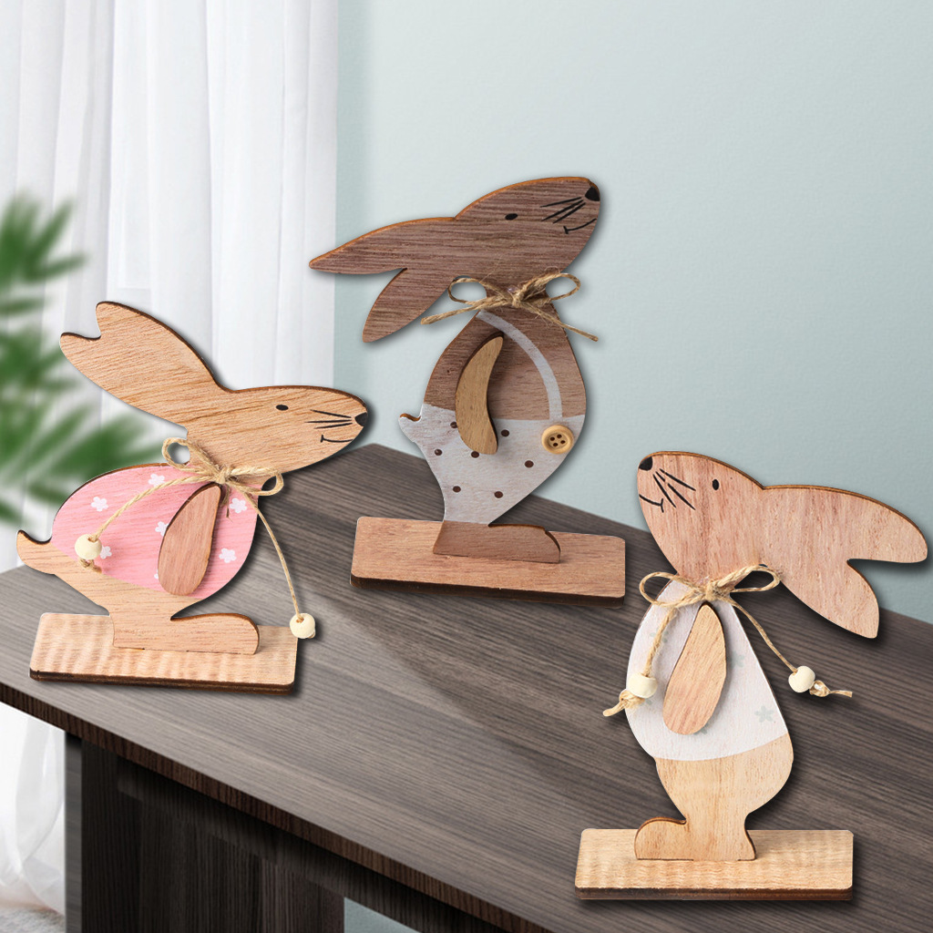European Custom Handmade Easter Bunny Wooden Crafts Good Quality Home Desktop Decoration Promotion Gift