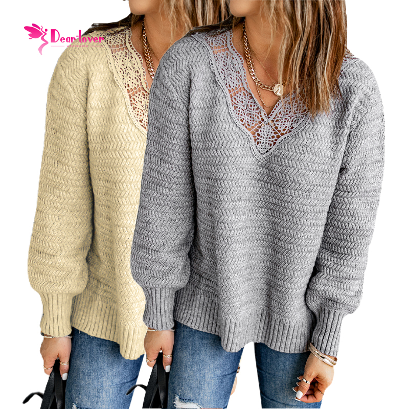 Wholesale Lace V Neck Pullover Women Side Split Long Sleeve Loose Knitted Ladies Sweater