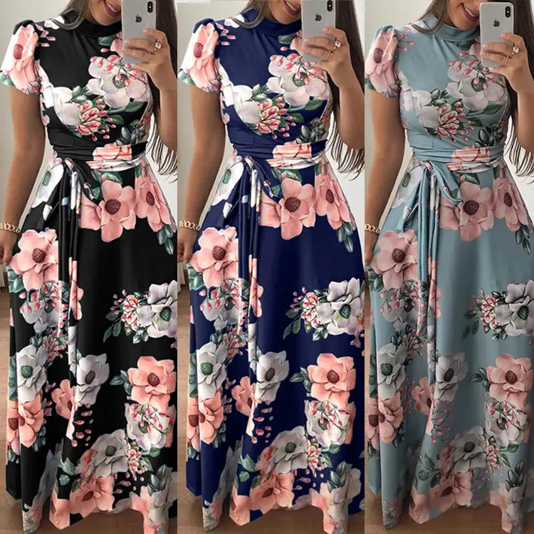 New Style O-Neck Long Sleeve Casual Women Floral Print Maxi Summer Dress