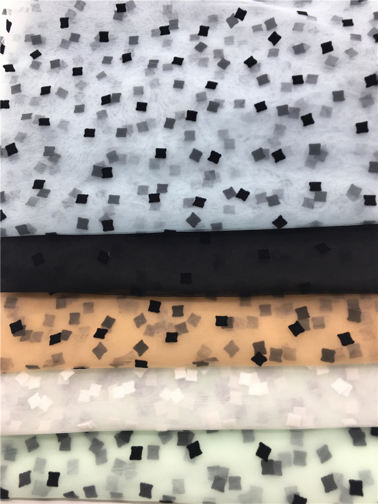 Hot sales polyester tulle flocked black diamond mesh fabric for garment