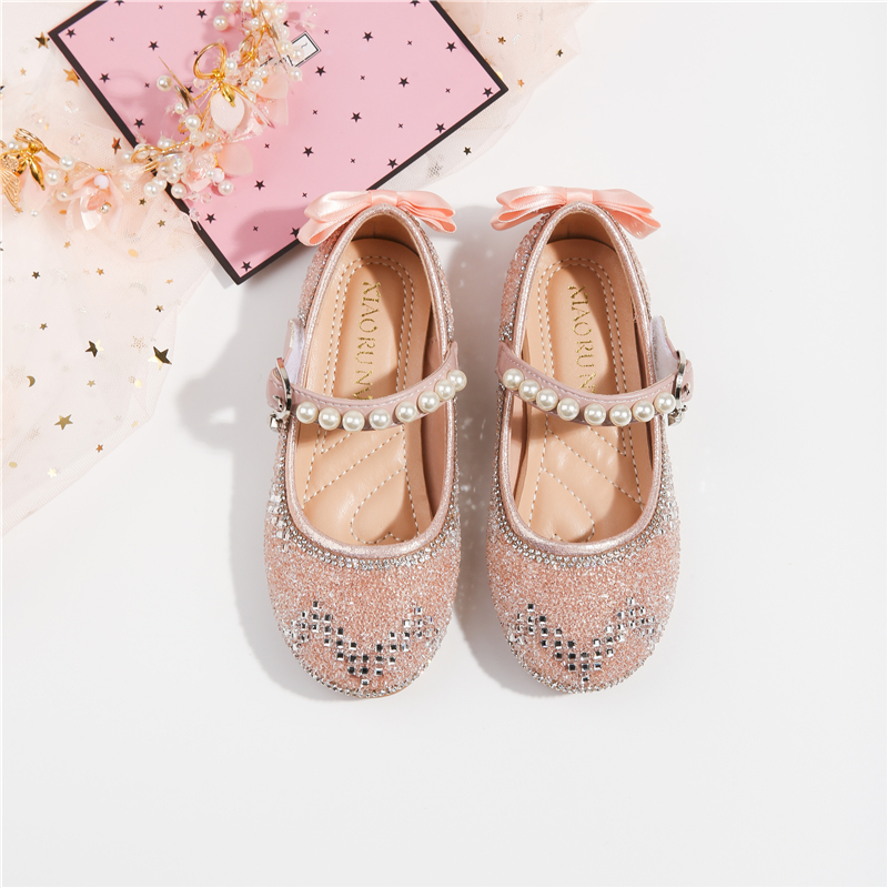 New 2022 ice Princess Crystal shinning Flat Shoes for Girl PU Leather Party Wedding PU Dress Shoes with sequins pearl bow