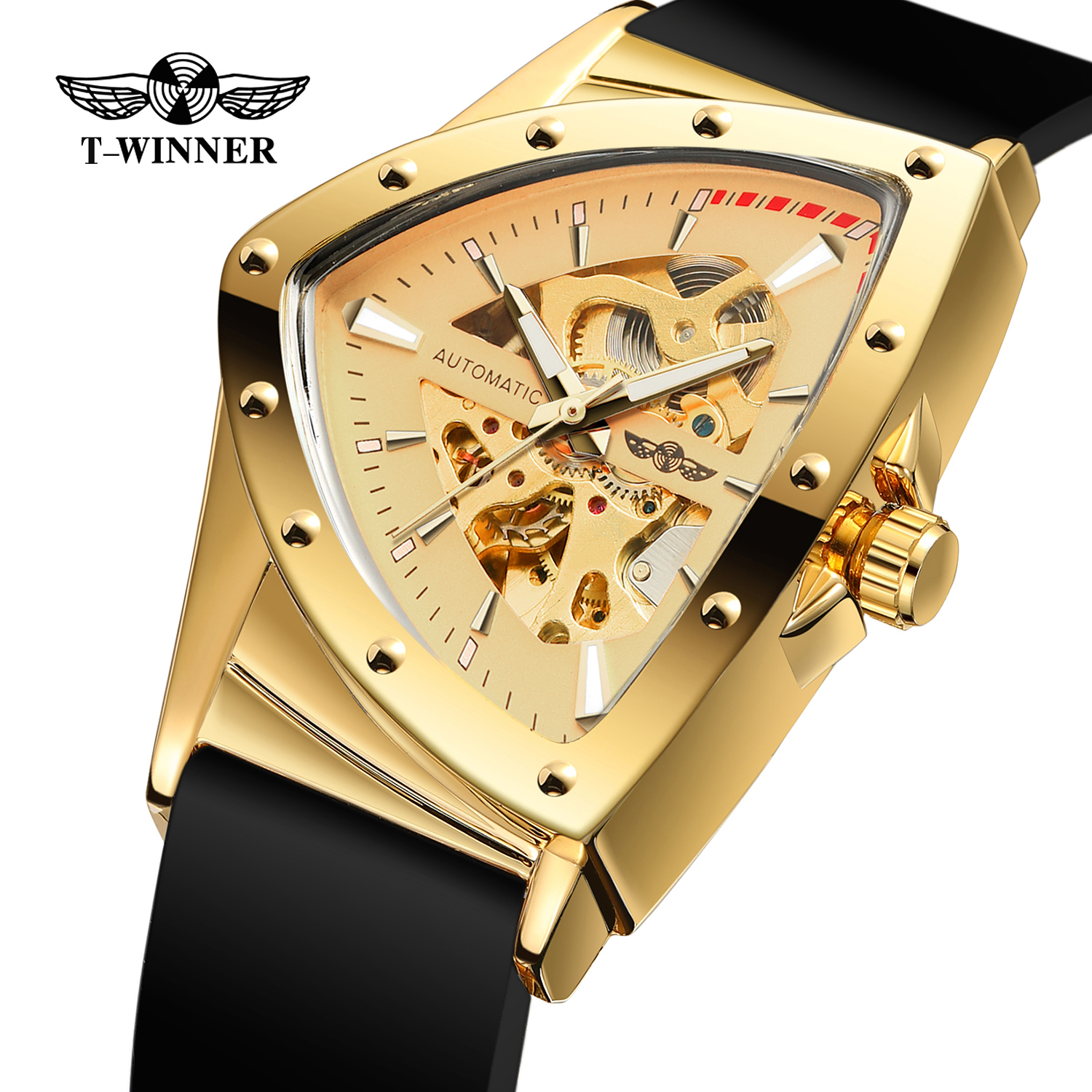 Winner Watches Reloj Para Hombre Luxury triangle Men Silica gel Strap Skeleton Watch Wristwatch Mechanical Watch