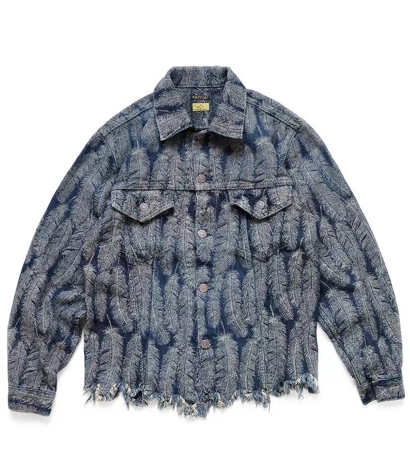 Manufacturer wholesale spot jacquard feather lapel denim tassel retro loose long sleeved jacket for men and women