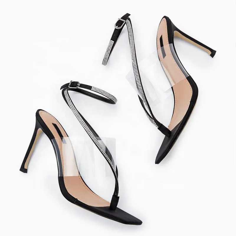 clear bling strap rhinestone black silver diamond tie lace up heeled sandals women heels