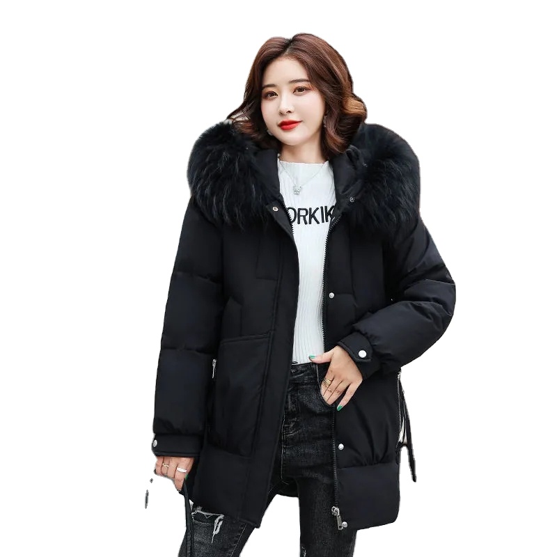 2021 New Women Long Hooded Fur Collar Cotton Padded Parka Female Thick Warm Basic Coat Outwear Winter Parkas