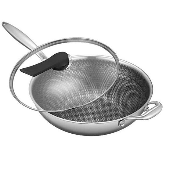 Household high quality stainless steel kitchenware large capacity wok with glass lid