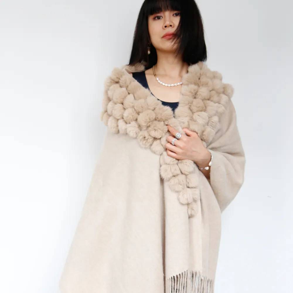 Quality Wool Blend Fabric Women Winter Shawl With Rabbit Fur Pompom