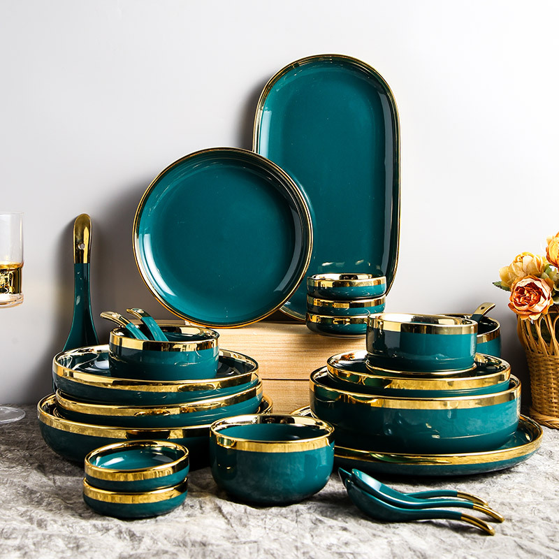Affordable luxury style golden edge dishware set household net red ceramic soup bowl plate eating tableware set