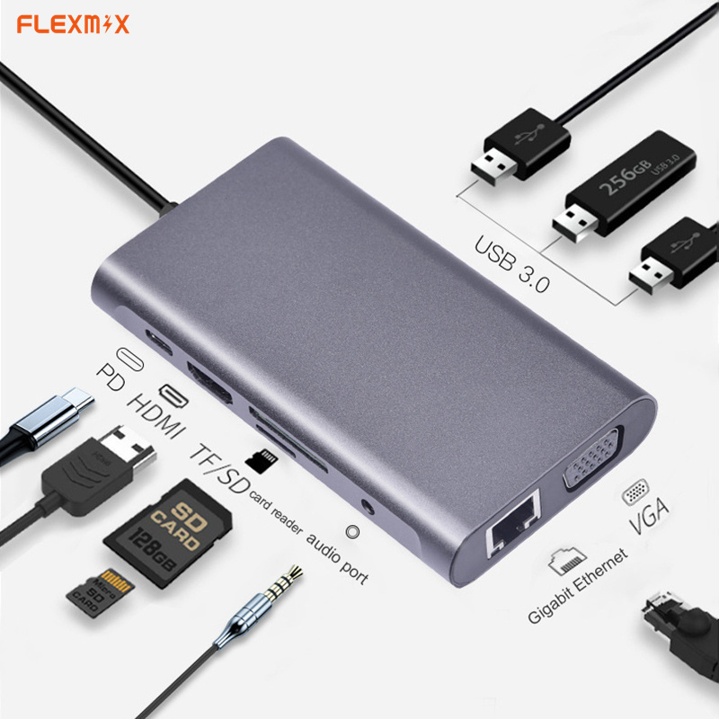 USB-концентратор 10 в 1, USB Type-C на Multi USB 3,0, HDM 4k VGA RJ45 Lan Ethernet-адаптер, док-станция для MacBook