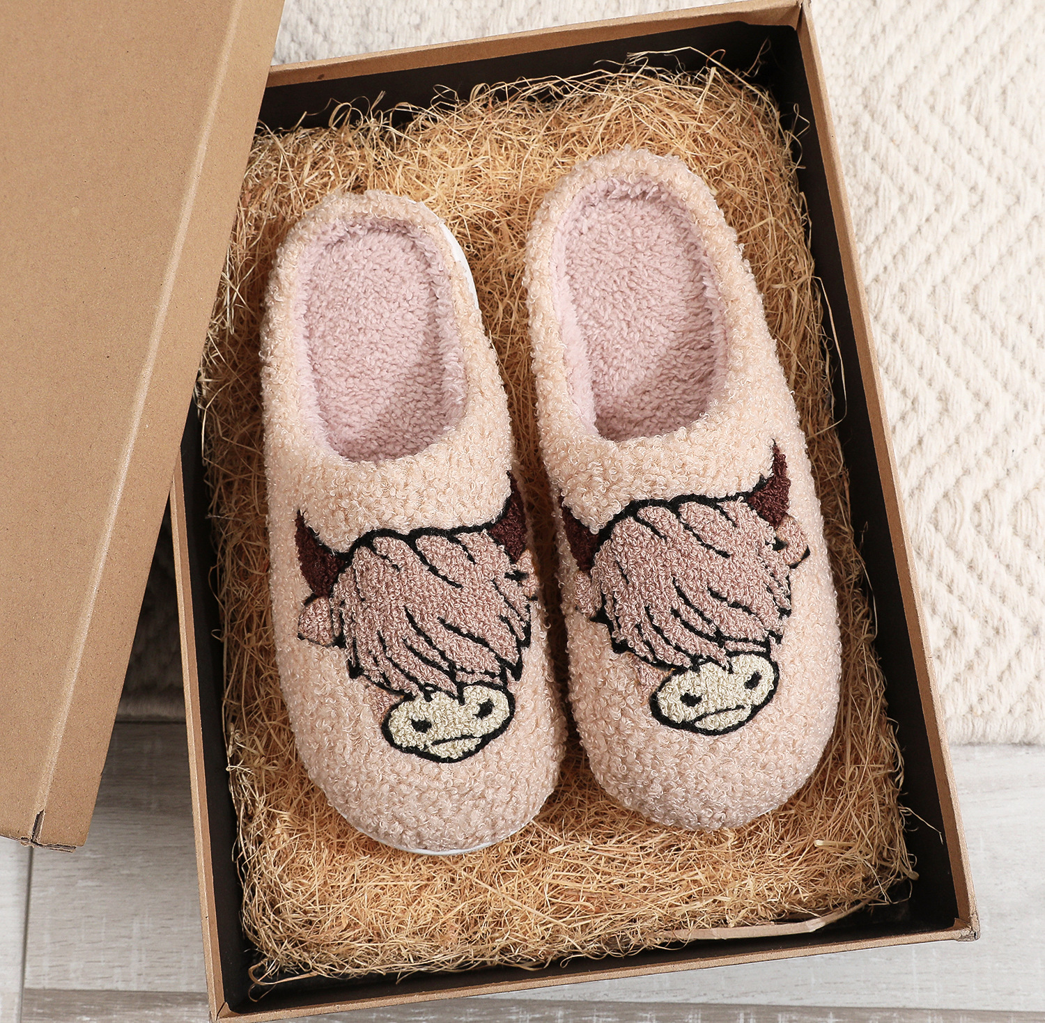 Christmas animal cow print cotton slippers for adults men and women home winter highland cattle