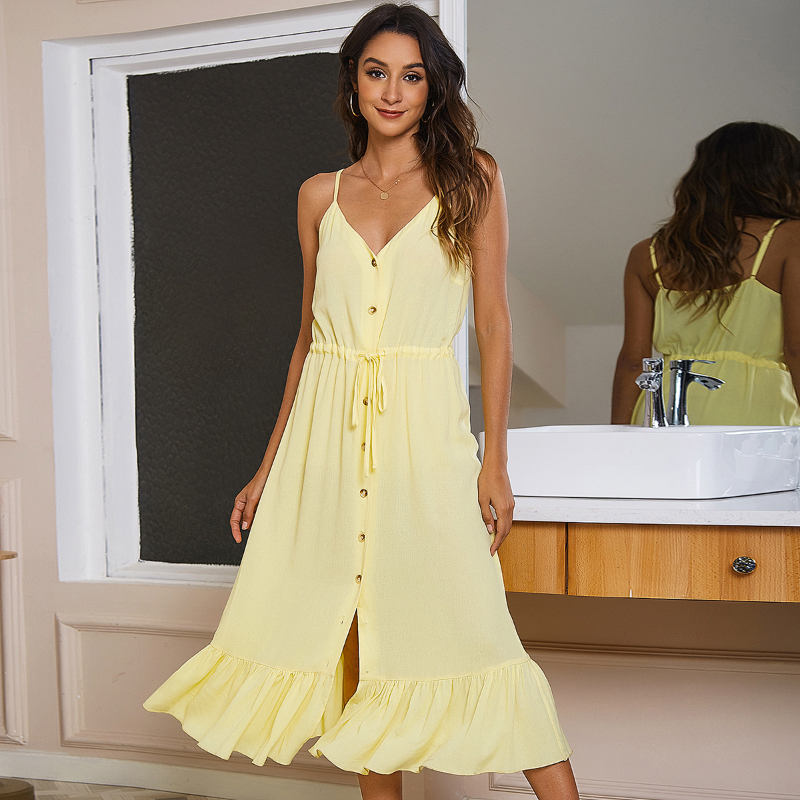 D M Fashion hot fashion Women Solid Sleeveless Dress Ruffle Hem Button Front Loose Fit Plus Size Summer Dress