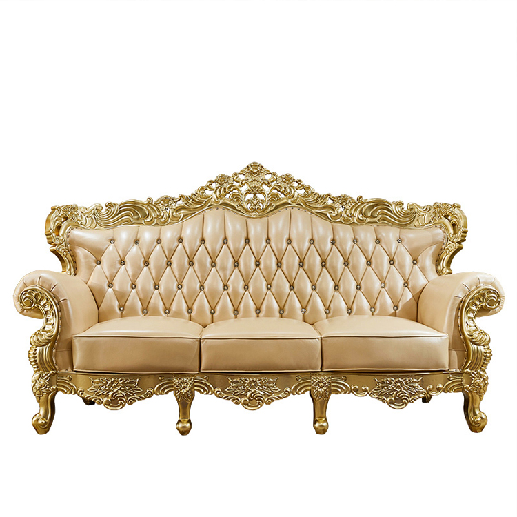 French Style Luxury Comfort Genuine Leather Solid Wood Antique Combination Sofa Set for Living Room