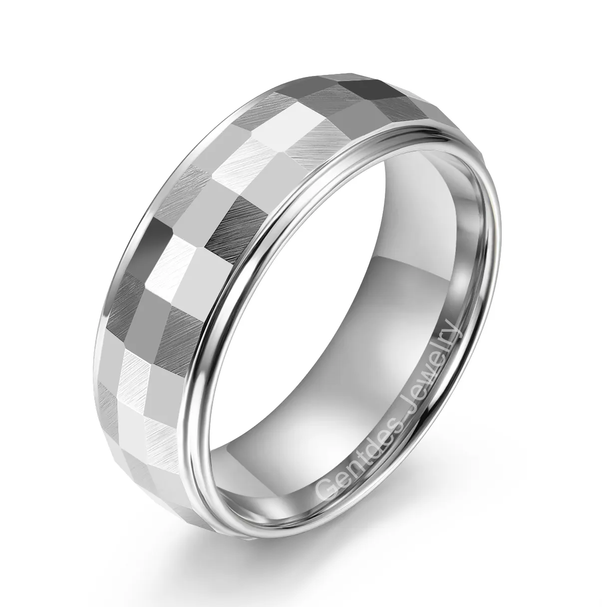 Gentdes Jewelry Custom Fashion 8mm Dome Silver Faceted Brush Step-Down Edge Tungsten Carbide Ring for Men Engagement Gift Party