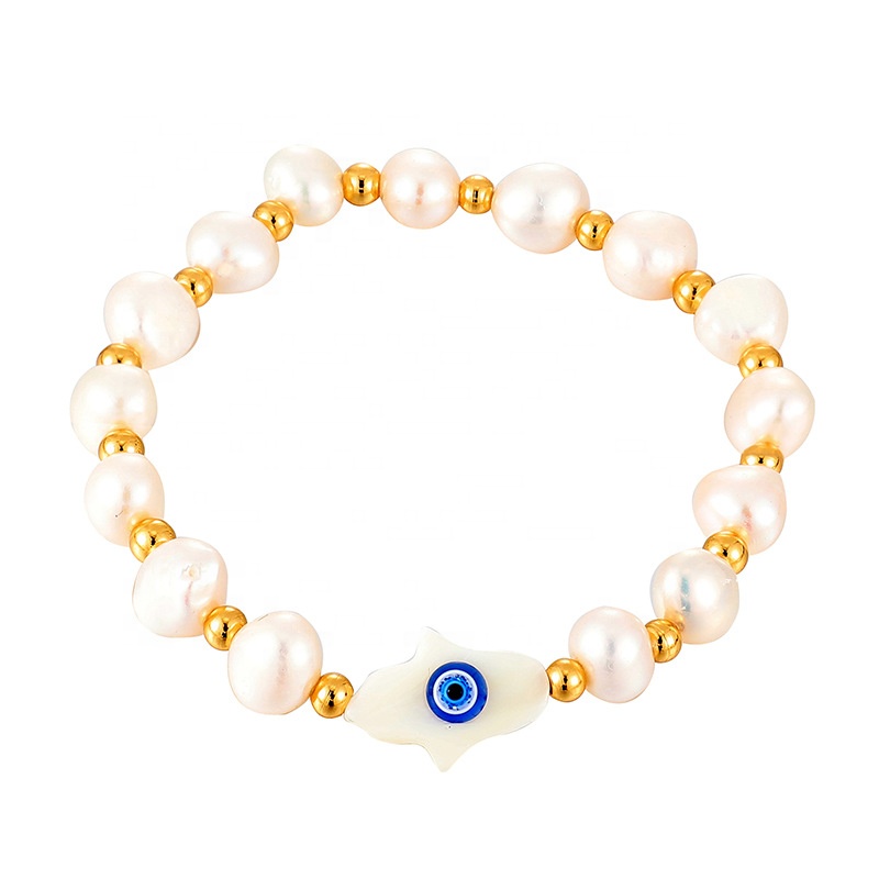 Hot Sale Adjustable Stainless Steel Shell Bracelet Jewelry Women Freshwater Pearl Bracelet Evil Eye Bracelet