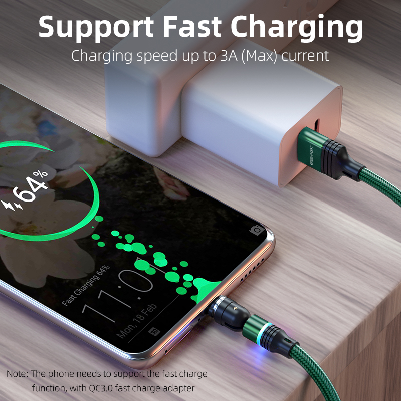 2021 New feature 540 degree rotation magnetic cable round circle led light phone charger 3A fast charging usb mobile cable micro