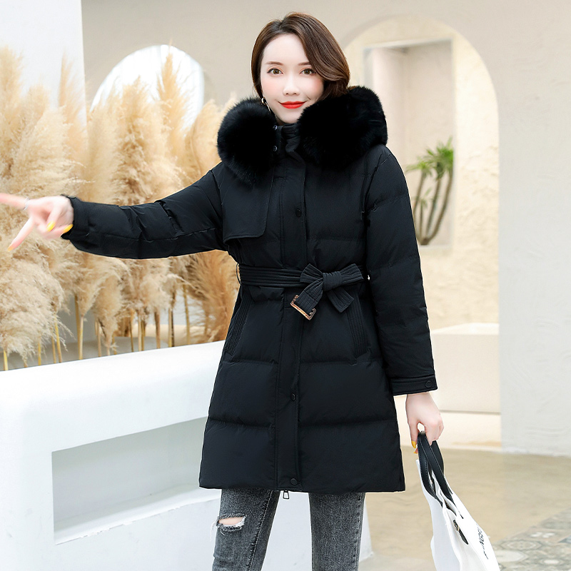 2021 Black Fur Hood Elegant Slim Midi Goose Down Padded Women's Down Jackets With Belt