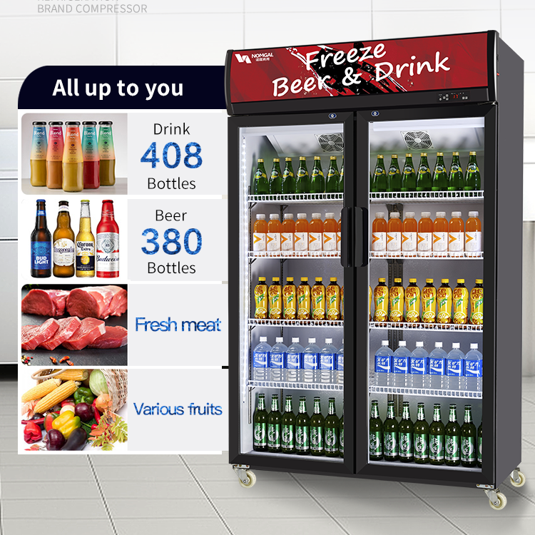Glass two door fridge for supermarket drinks refrigerator showcase cabinet freezer upright Air cooling