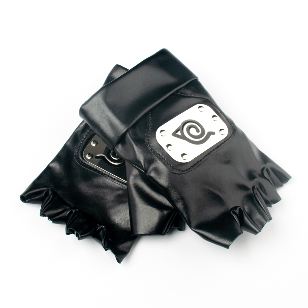 Hot Japanese Cosplay Accessories Anime Naruto Kakashi Konoha Metal Logo Leather Gloves