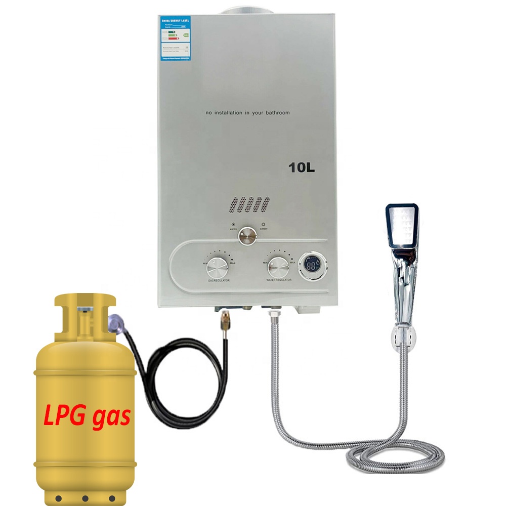 10L Stainless Steel Propane Tankless Instant LPG Gas Hot Water Heater with Shower Head for Camping Outdoor