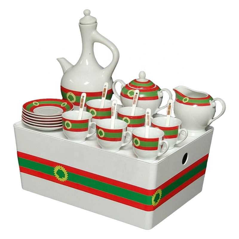23pcs Ethiopian Coffee Cups and Jebena Set Oromo Flag Design Coffee Pot Set with Rekebot