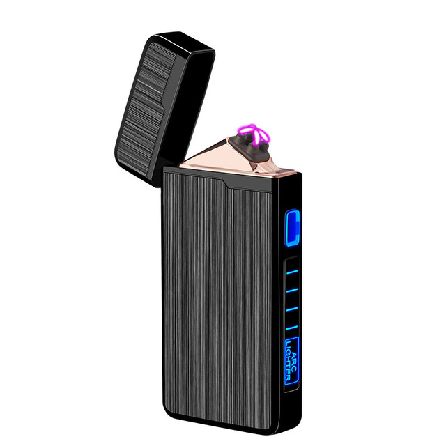 Оптовая продажа, USB металлическая ветрозащитная плазменная зажигалка с двойной дугой, сенсорный датчик, светодиодный дисплей питания, мужские подарочные аксессуары для сигарет