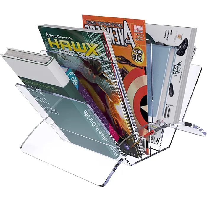 Custom Creative 4 Sections Fan Shaped Clear Acrylic Book Magazine Display Storage Stand Holder For Home Office