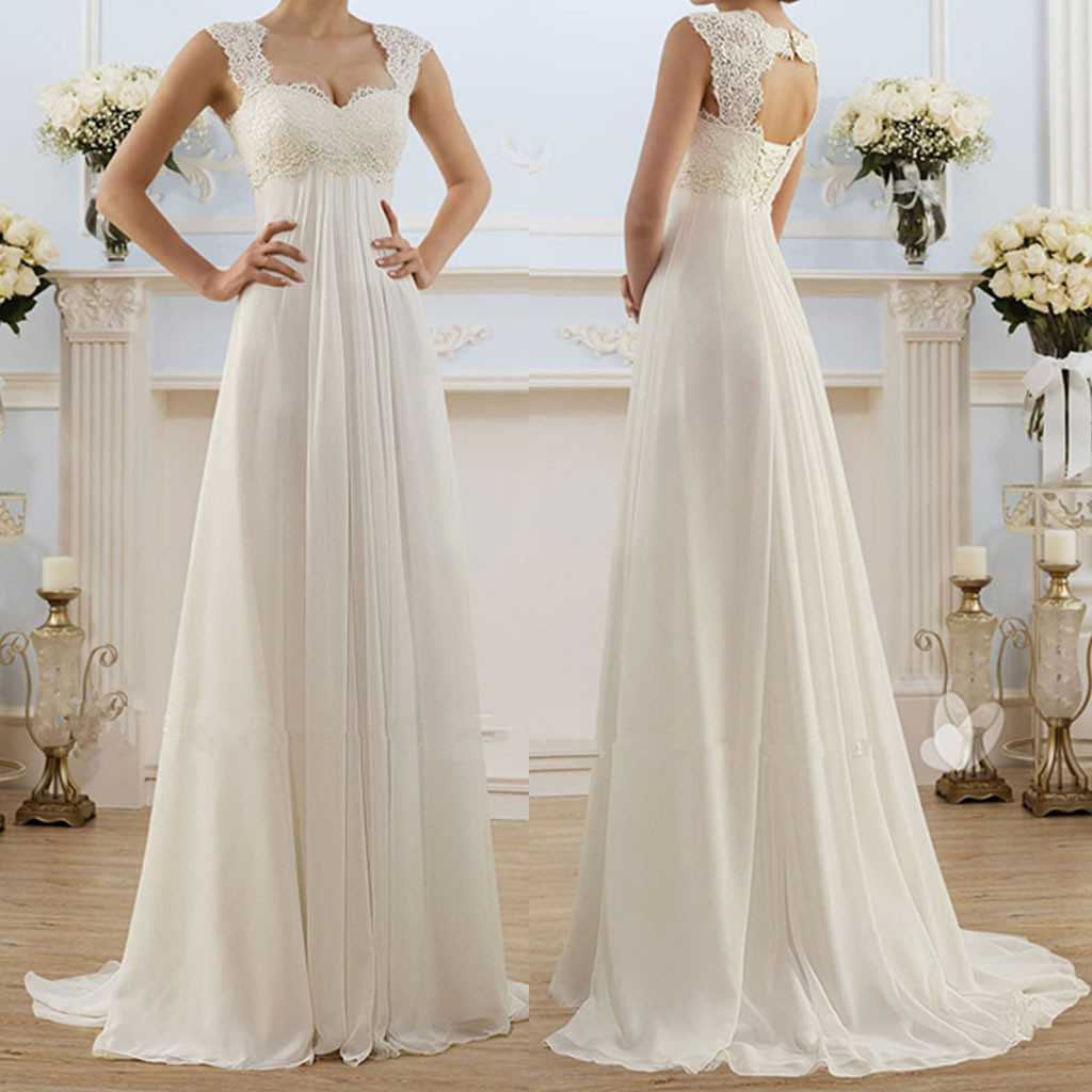 Plus Size Lace Tulle Spliced Slim Ladies Strap Square Neck Backless A Line Wedding Dress