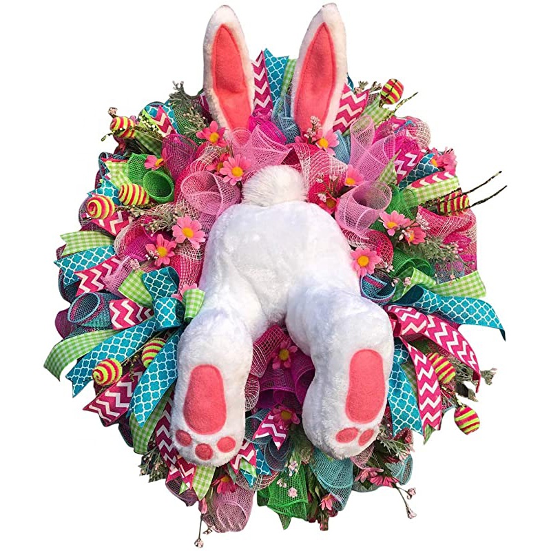 Hot Sell Easter Wreath For Front Door Funny Bunny Butt And Ears Cotton Wreath Door Decorations Pink