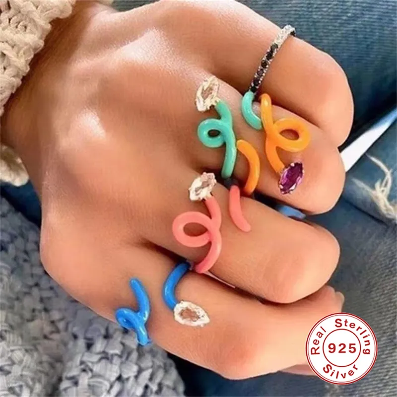 CANNER Colorful Zircon Snake Finger Clay Ring S925 Silver Rainbow Enamel Ring Tiktok Popular Twisted Ring