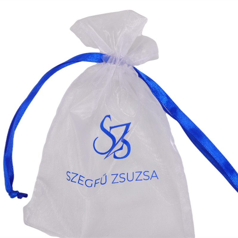 Wholesale Custom High Quality white Organza Gift Bag With blue Logo Large Drawstring Organza Packing Pouch Bag