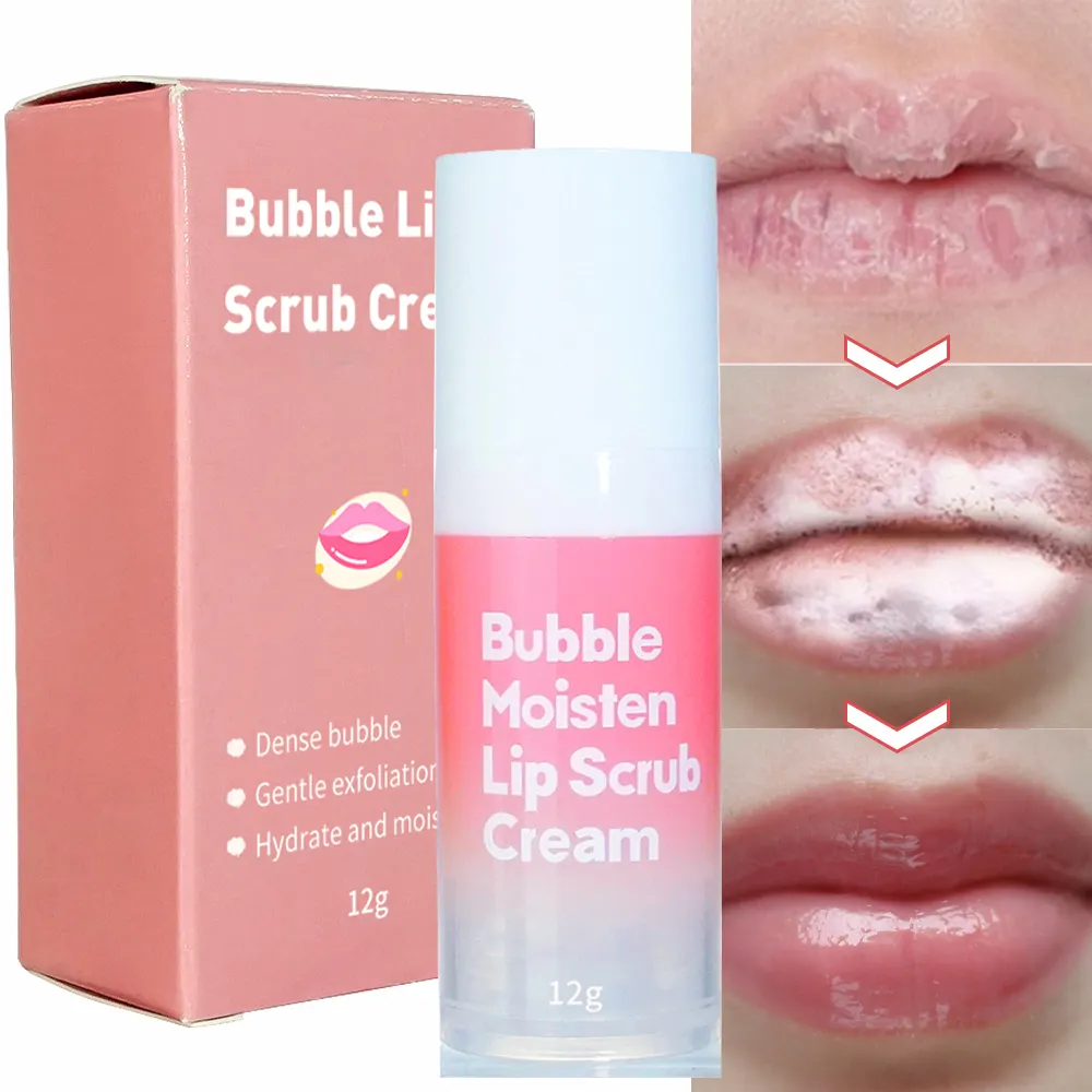 Private Label Lip Care Vegan Repairing Lightening Smoothing Pink Lip Cream Remove Dead Skin Bubble Exfoliating Lip Scrub