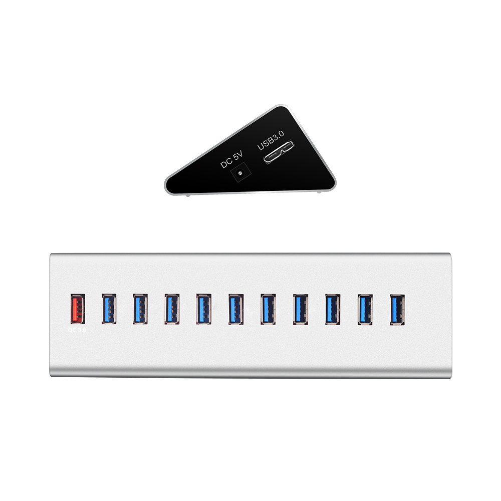 Многопортовый Алюминиевый usb-концентратор QC 3,0, порт для быстрой зарядки 10, порт usb 3,0, поддержка передачи данных 5 Гбит/с, концентратор usb 3,0 (серебристый)