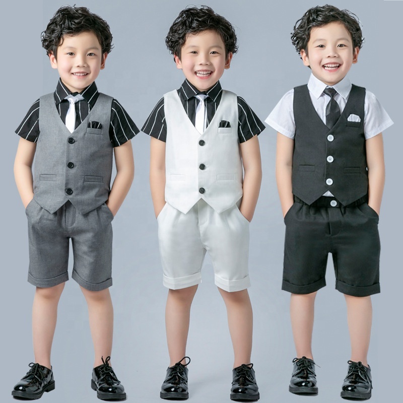 Summer Kids Gentleman Set Fashion Formal Short Sleeve Bow Tie Stripe Shirt Overalls 4 PCS Formal Suits Little Boys Clothing