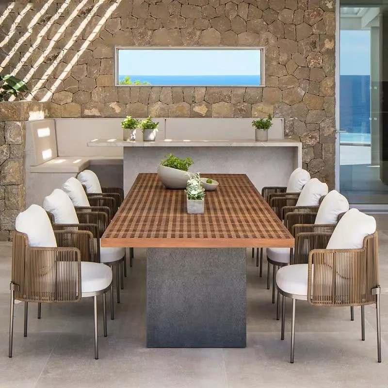 Garden Outdoor Rope Woven Furniture Dining Chair Set Coffee Basket Armrest Chai r Aluminum Frame Wood And Table outdoor rattan