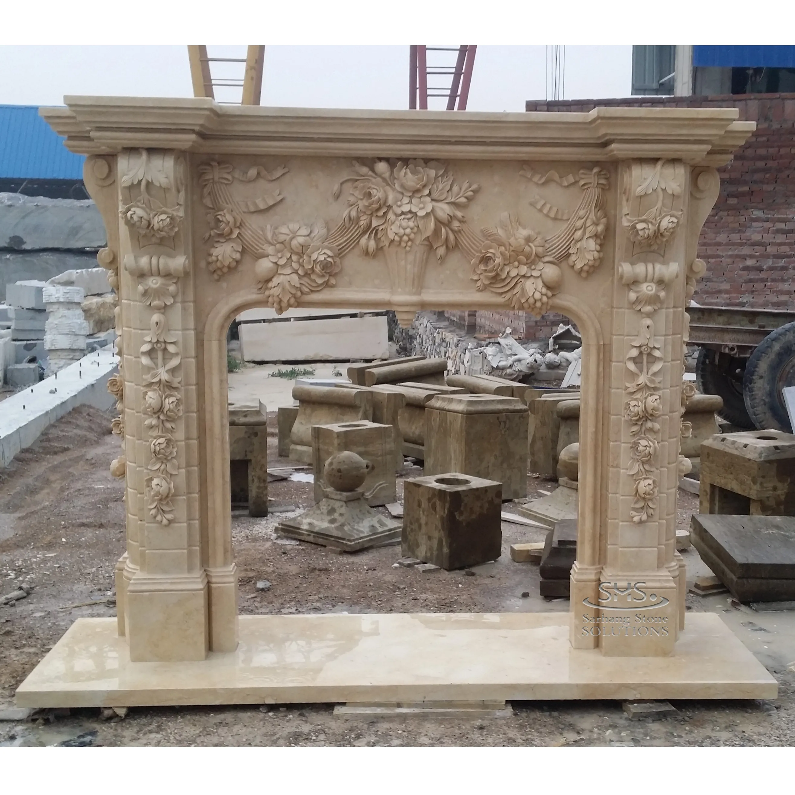 Custom Classical Indoor Modern Hand Carved Flower Beige Marble Stone Fireplace Frame Mantel Surround