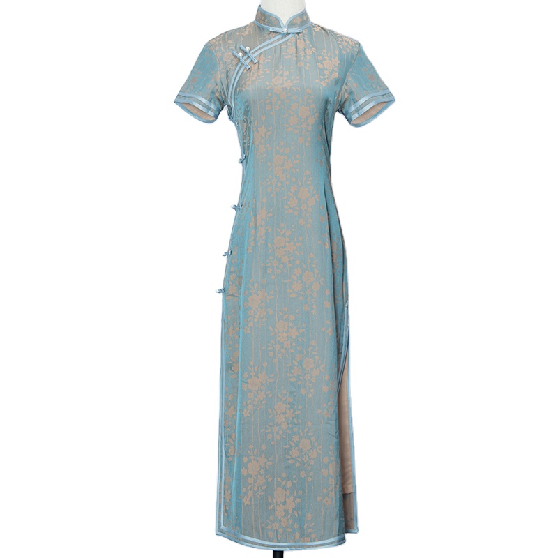 New Fashion Comfortable Blue Plus Size Chinese Ladies Dress Qipao Cheongsam