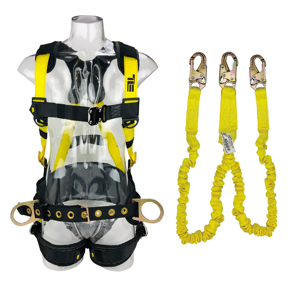ANSI tower climbing full body safety harness with shock absorbing double lanyard