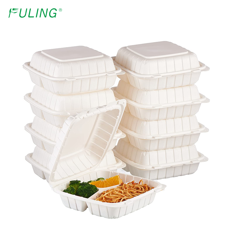 mineral filled take out hinged plates mfpp 3 compartment plate 8x8 food packaging disposable to go plate