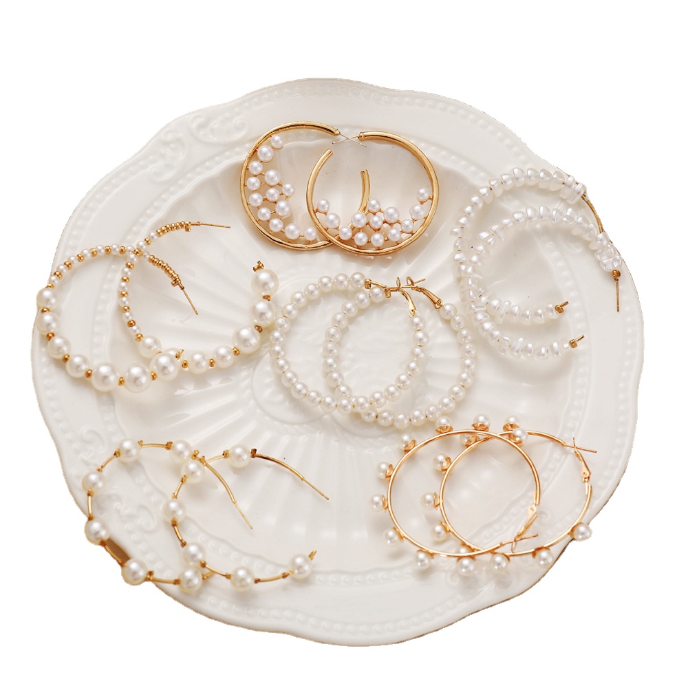 17KM 6pairs/set gold geometric pearl c shaped hoop earrings set 2021 Trendy fashion jewellry