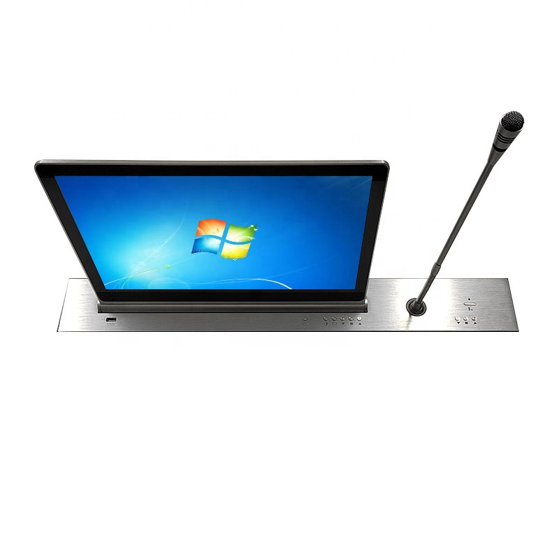 Ultra-thin monitor lifter with synchronize microphone and camera tracking to support smart paperless conference